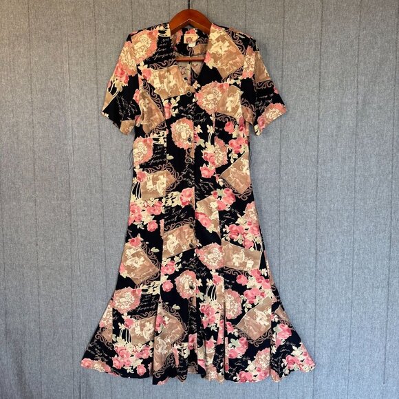 Vintage 1980s Katie MFG Victorian Photo Print Short Sleeves Long Midi Dress - Picture 1 of 16